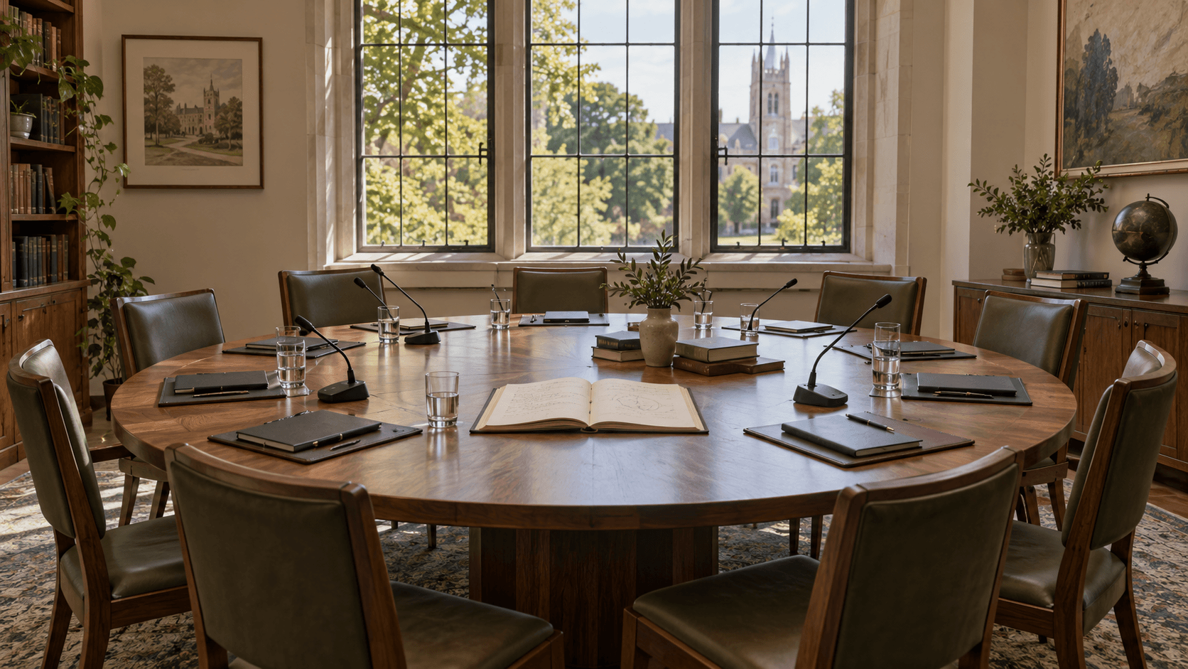 AI-generated illustration: An empty university council room with a round table, chairs, notebooks, and microphones in warm window light.